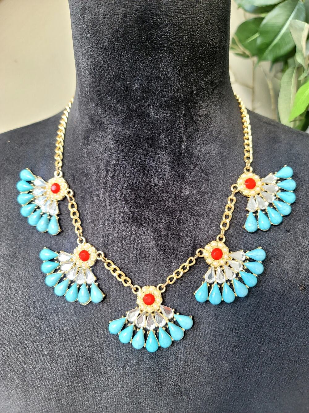 Turquoise Blue & Red Floral Fan Bib Statement Necklace Gold Tone Boho Jewelry